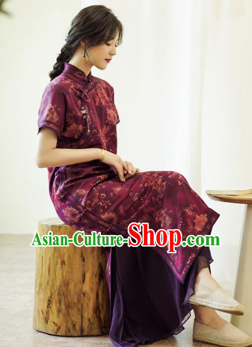 China Classical Purple Silk Qipao Dress National Printing Chrysanthemum Cheongsam