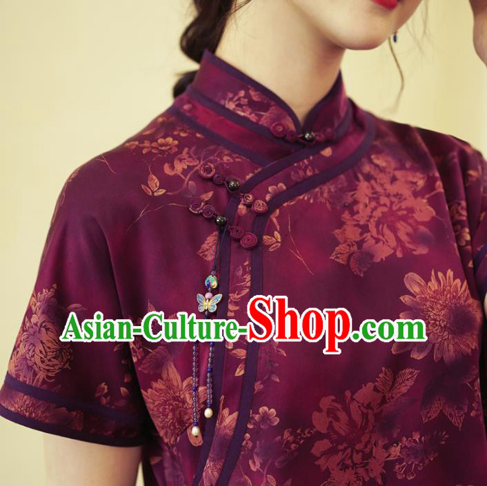 China Classical Purple Silk Qipao Dress National Printing Chrysanthemum Cheongsam