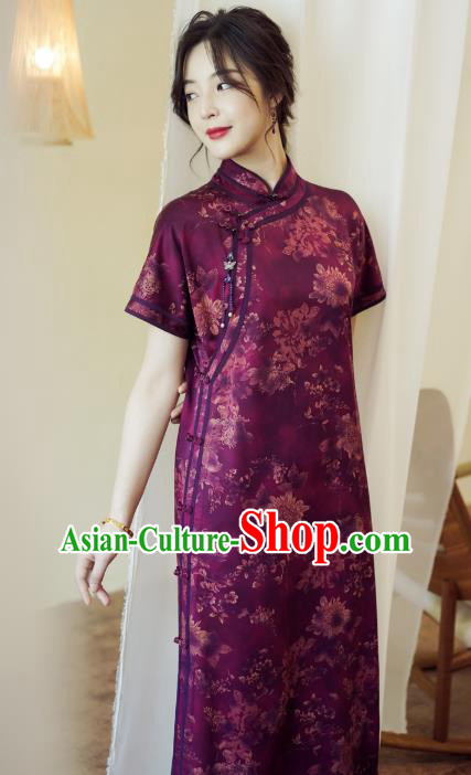 China Classical Purple Silk Qipao Dress National Printing Chrysanthemum Cheongsam