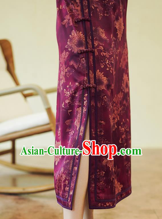 China Classical Purple Silk Qipao Dress National Printing Chrysanthemum Cheongsam