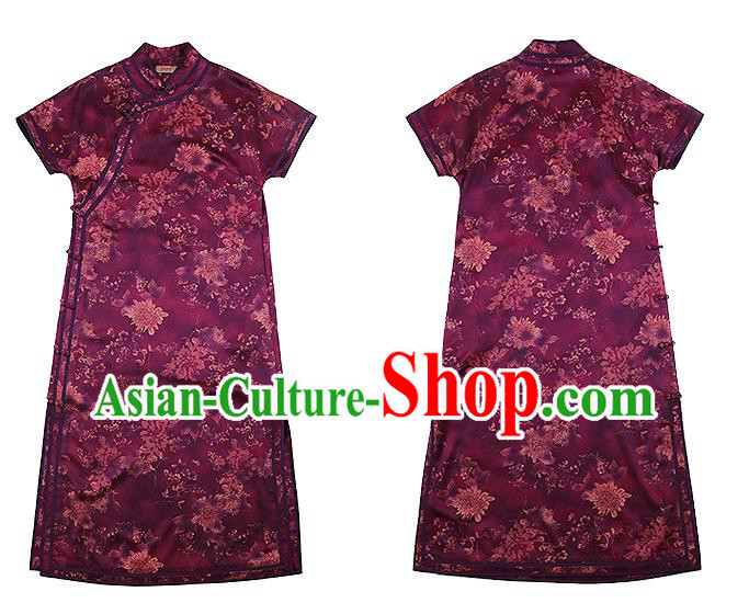 China Classical Purple Silk Qipao Dress National Printing Chrysanthemum Cheongsam