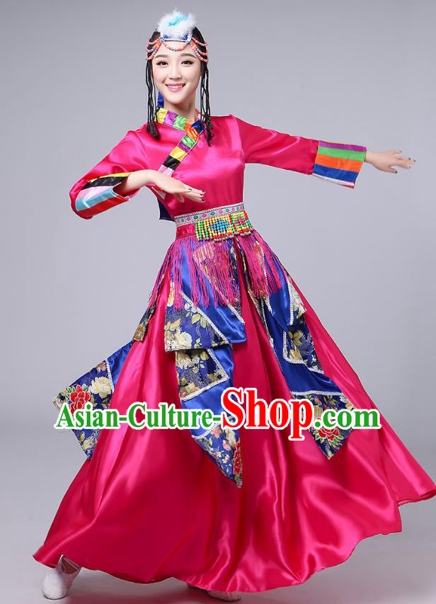 Chinese Zang Nationality Dance Performance Clothing Traditional Xizang Tibetan Ethnic Folk Dance Rosy Dress