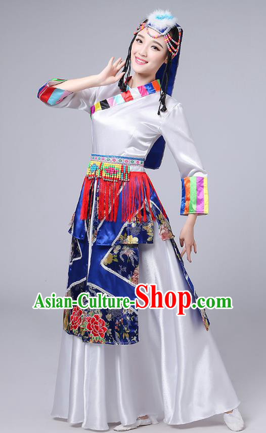 Chinese Traditional Xizang Tibetan Ethnic Stage Performance White Long Dress Zang Nationality Female Dance Clothing