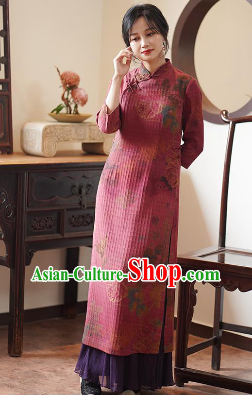 China Classical Printing Qipao Dress National Wine Red Silk Cheongsam