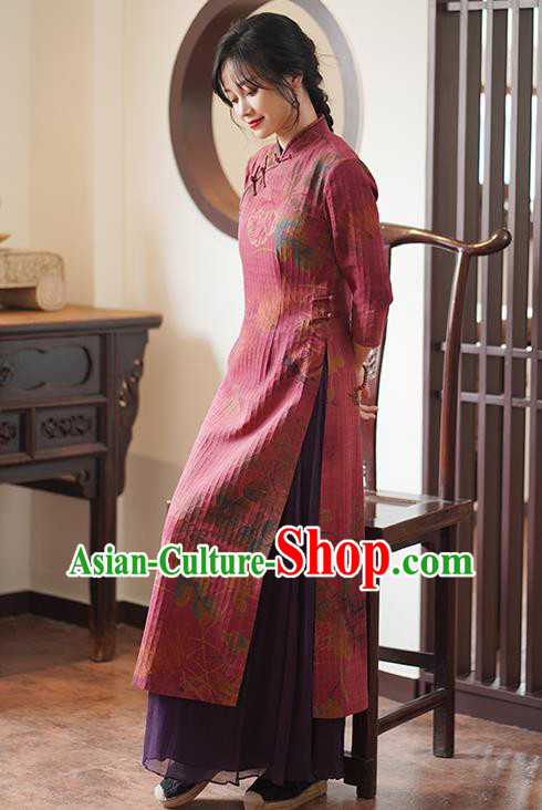 China Classical Printing Qipao Dress National Wine Red Silk Cheongsam