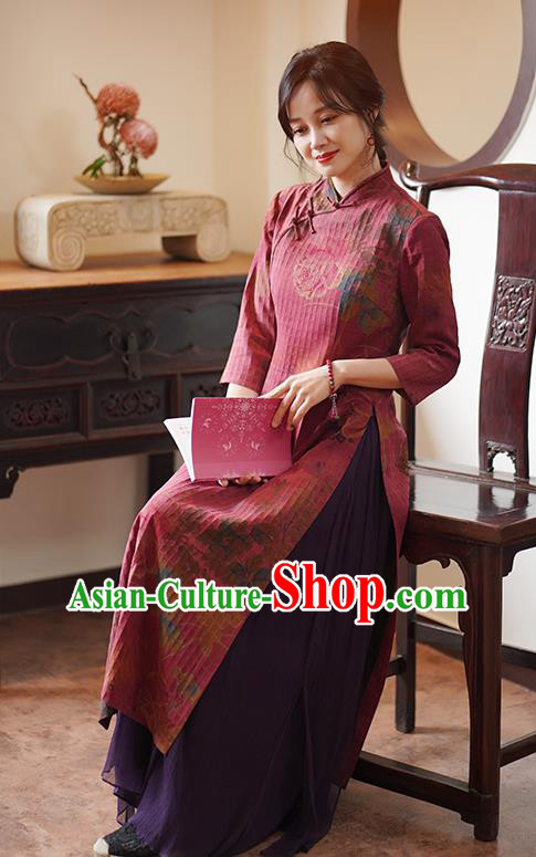 China Classical Printing Qipao Dress National Wine Red Silk Cheongsam