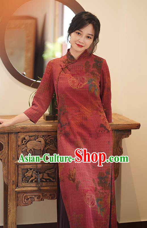 China Classical Printing Qipao Dress National Wine Red Silk Cheongsam