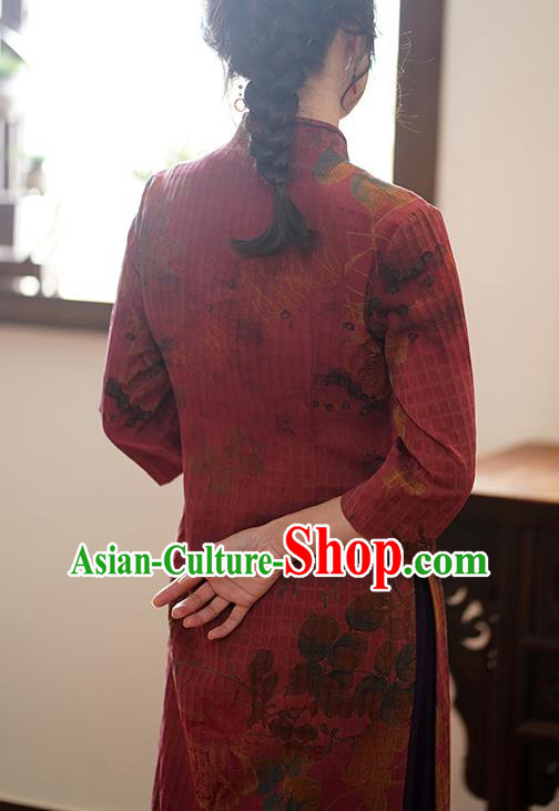 China Classical Printing Qipao Dress National Wine Red Silk Cheongsam