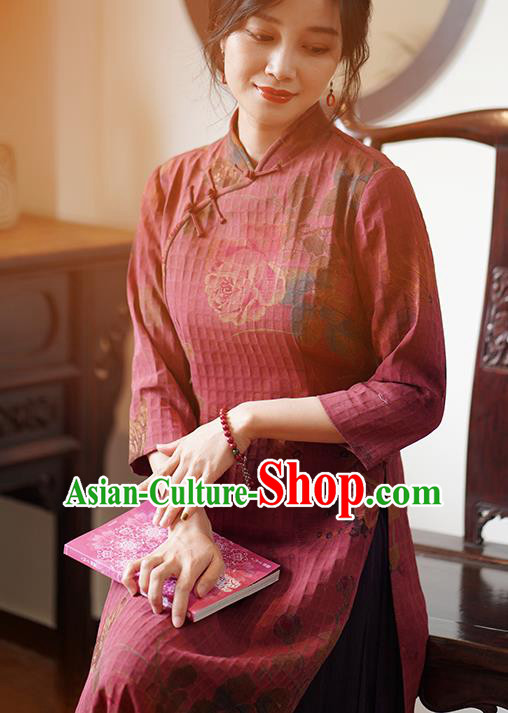 China Classical Printing Qipao Dress National Wine Red Silk Cheongsam