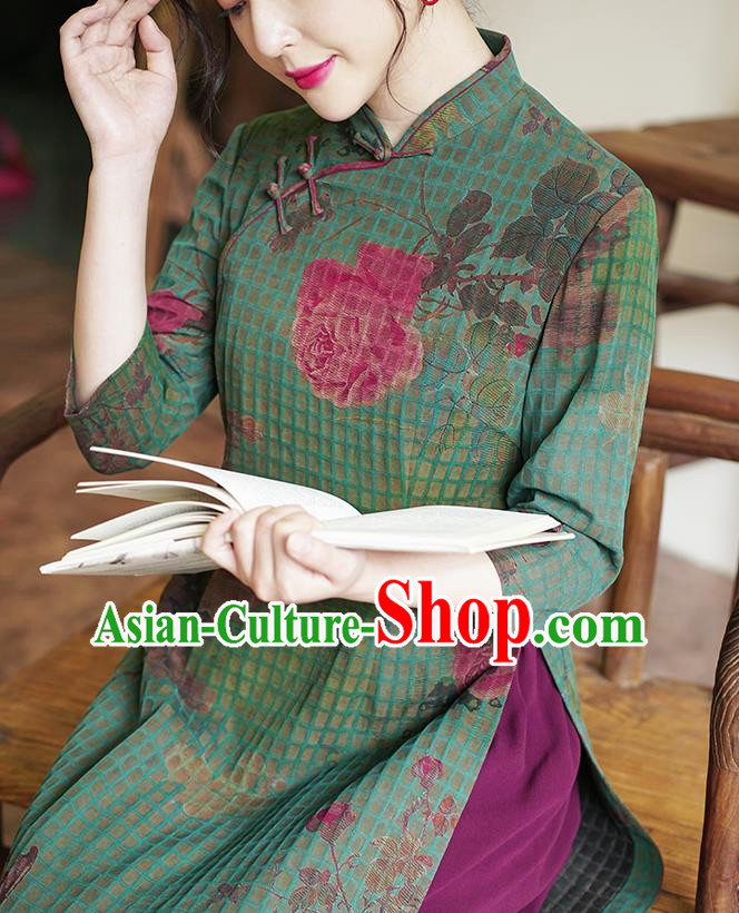 China National Green Silk Cheongsam Classical Printing Peony Butterfly Qipao Dress