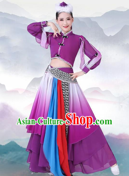 Chinese Traditional Mongolian Nationality Dance Clothing Mongol Ethnic Folk Dance Purple Dress Outfits