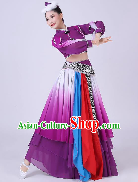 Chinese Traditional Mongolian Nationality Dance Clothing Mongol Ethnic Folk Dance Purple Dress Outfits