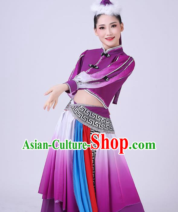 Chinese Traditional Mongolian Nationality Dance Clothing Mongol Ethnic Folk Dance Purple Dress Outfits