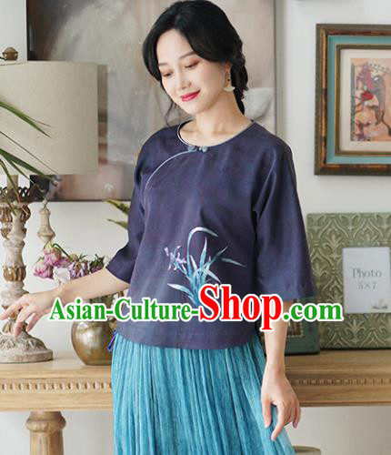 China Tang Suit Blouse National Women Clothing Classical Embroidered Orchids Purple Silk Shirt