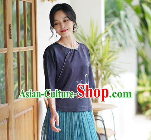 China Tang Suit Blouse National Women Clothing Classical Embroidered Orchids Purple Silk Shirt
