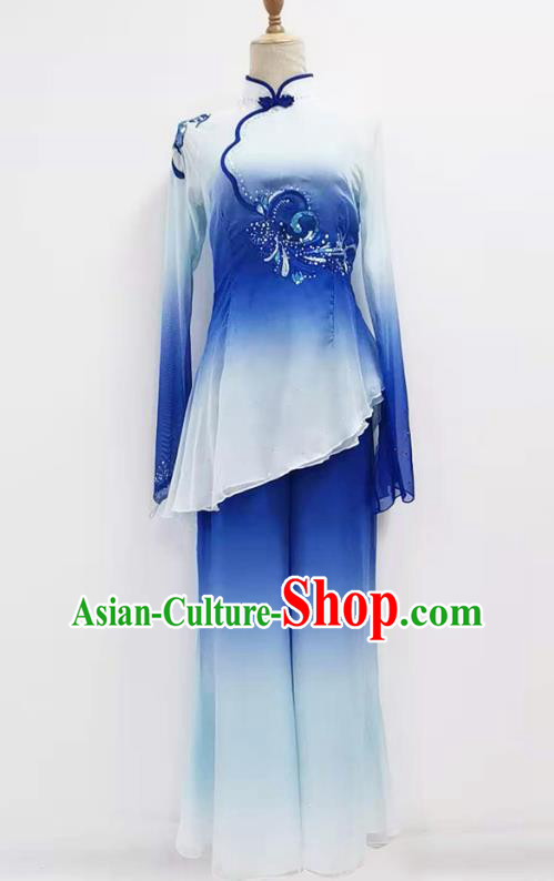 Chinese Yangko Dance Performance Blue Outfits Jiaozhou Fan Dance Folk Dance Clothing