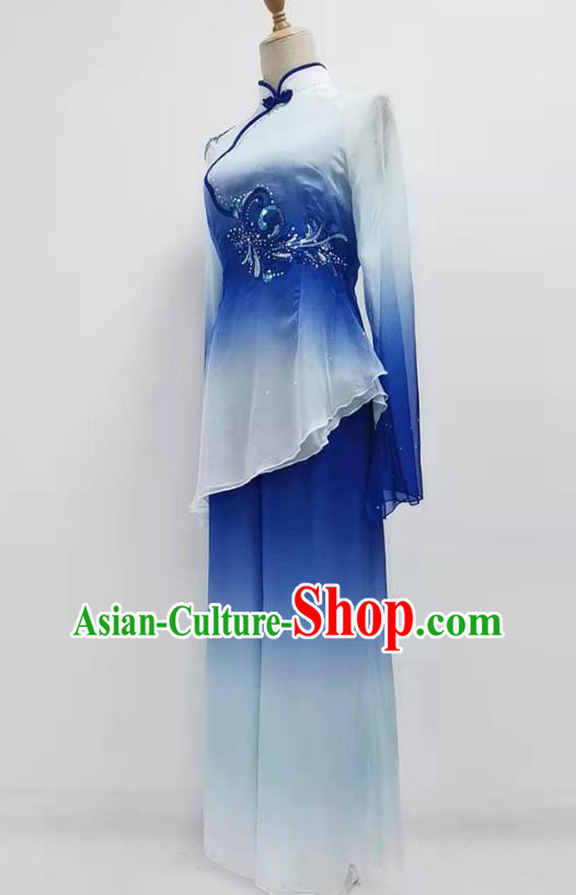 Chinese Yangko Dance Performance Blue Outfits Jiaozhou Fan Dance Folk Dance Clothing