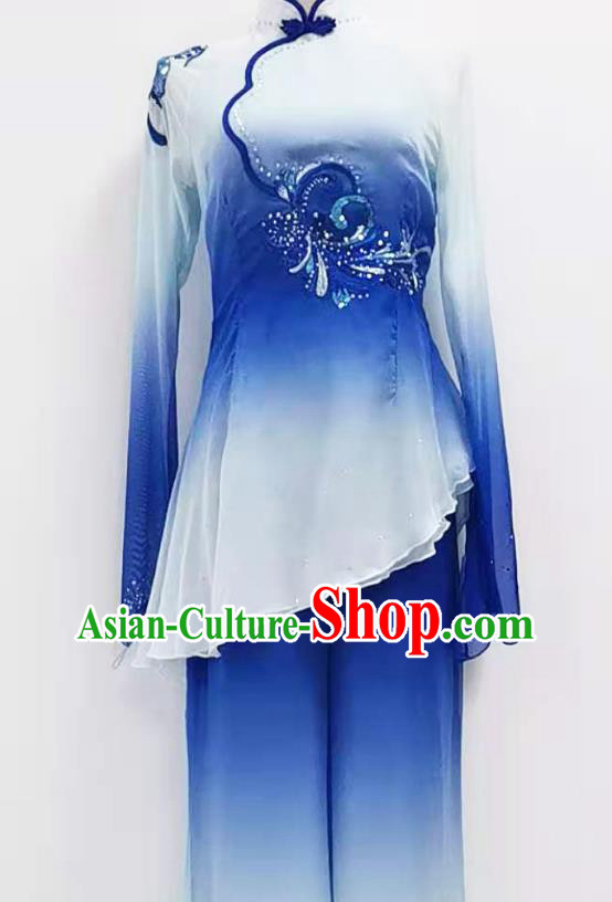 Chinese Yangko Dance Performance Blue Outfits Jiaozhou Fan Dance Folk Dance Clothing