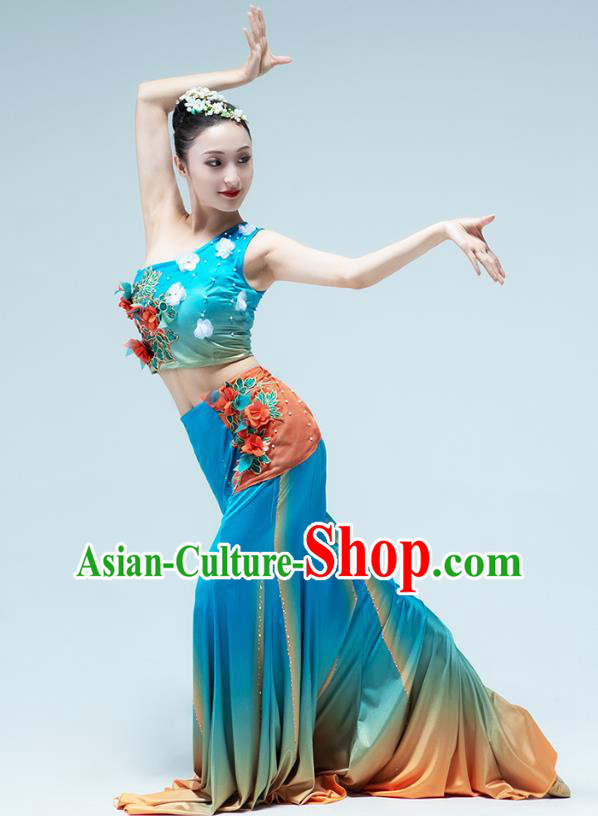 Chinese Traditional Dai Nationality Peacock Dance Blue Dress Outfits Yunnan Ethnic Performance Clothing
