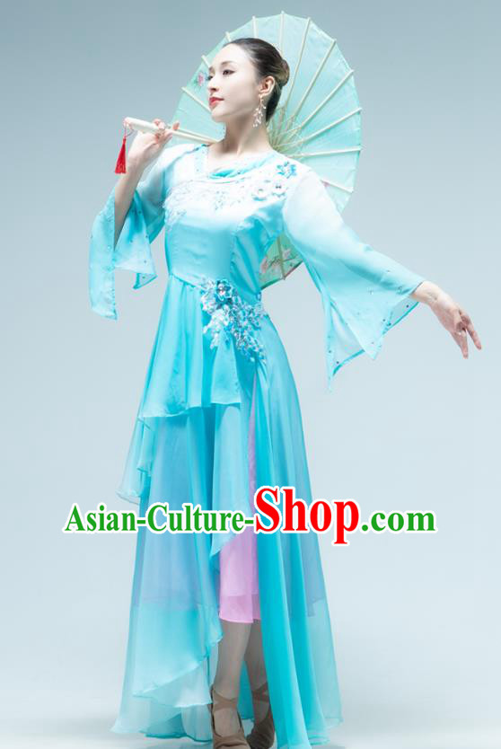 Chinese Umbrella Dance Performance Clothing Classical Dance Blue Dress Outfits