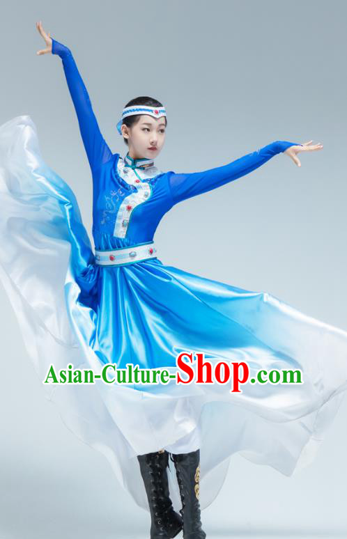 Chinese Mongol Ethnic Female Performance Clothing Traditional Mongolian Nationality Dance Blue Dress