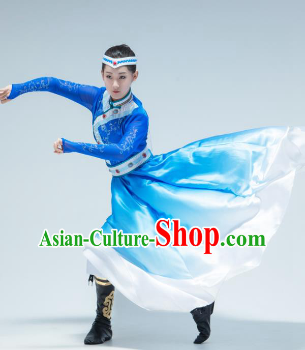 Chinese Mongol Ethnic Female Performance Clothing Traditional Mongolian Nationality Dance Blue Dress