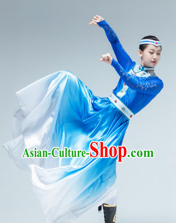 Chinese Mongol Ethnic Female Performance Clothing Traditional Mongolian Nationality Dance Blue Dress