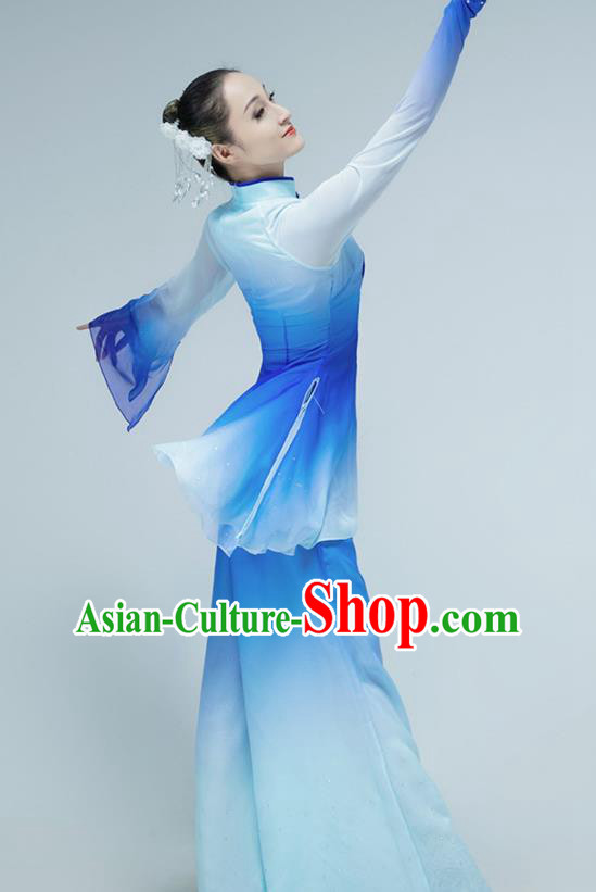 Chinese Folk Dance Blue Outfits Jiaozhou Yangko Dance Fan Dance Clothing