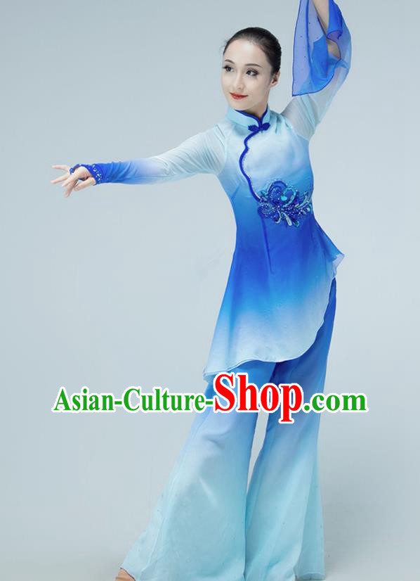 Chinese Folk Dance Blue Outfits Jiaozhou Yangko Dance Fan Dance Clothing