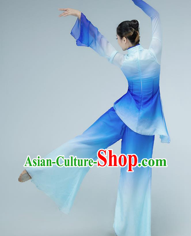 Chinese Folk Dance Blue Outfits Jiaozhou Yangko Dance Fan Dance Clothing