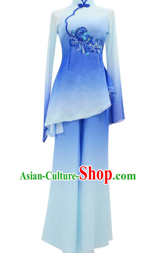 Chinese Folk Dance Blue Outfits Jiaozhou Yangko Dance Fan Dance Clothing