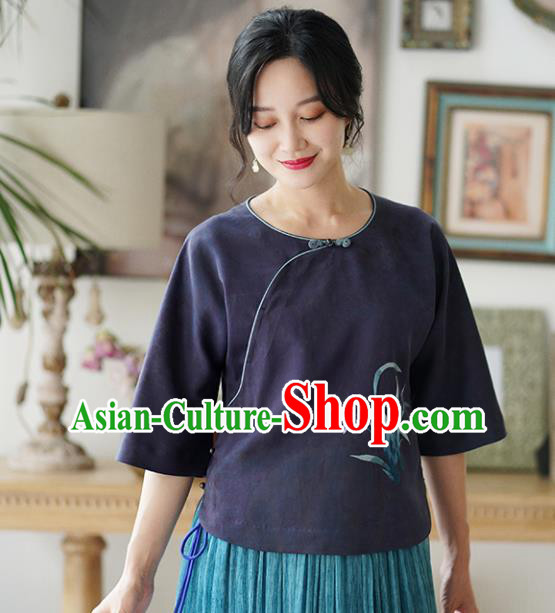 China Tang Suit Blouse National Women Clothing Classical Embroidered Orchids Purple Silk Shirt