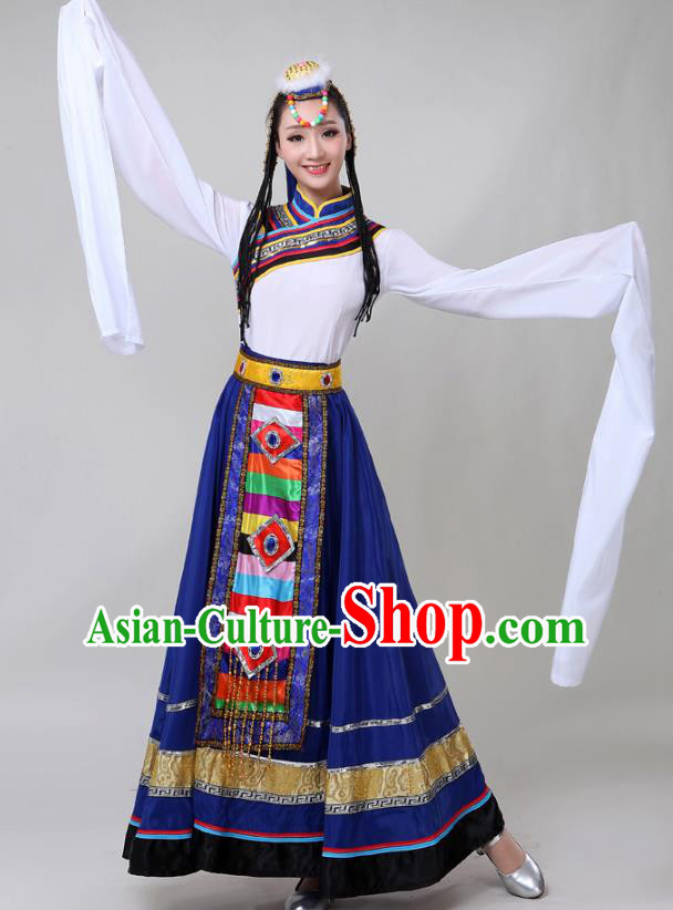 Chinese Traditional Xizang Tibetan Ethnic Folk Dance Royalblue Dress Zang Nationality Water Sleeve Dance Clothing