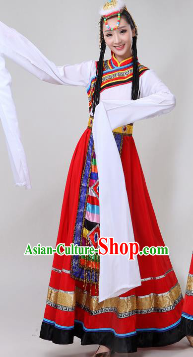 Chinese Traditional Zang Nationality Water Sleeve Dance Clothing Xizang Tibetan Ethnic Folk Dance Red Dress