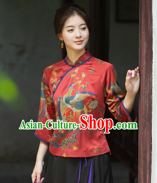 China Classical Cheongsam Shirt National Women Clothing Tang Suit Red Silk Blouse