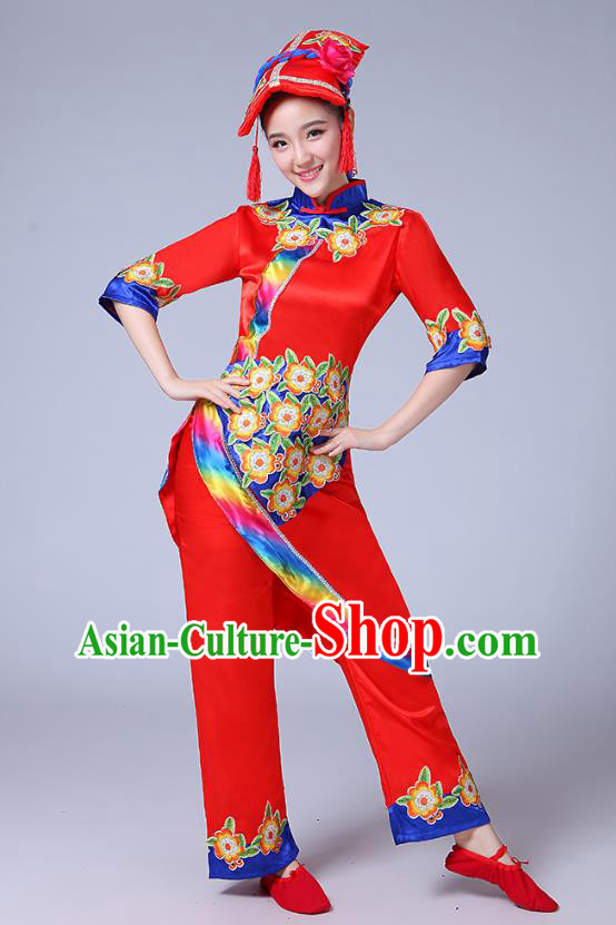 Chinese Yi Ethnic Folk Dance Red Outfits Traditional Nationality Folk Dance Clothing