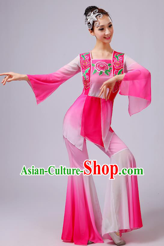 China Yangko Dance Embroidered Peony Pink Outfits Folk Dance Stage Performance Clothing Fan Dance Costume