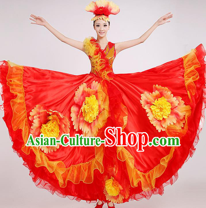 China Peony Flower Dance Clothing Modern Dance Stage Performance Costume Opening Dance Red Dress