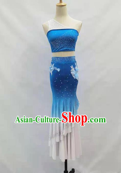 Chinese Dai Ethnic Folk Dance Blue Outfits Traditional Yunnan Nationality Peacock Dance Clothing