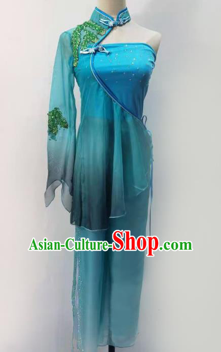 China Folk Dance Clothing Fan Dance Costume Yangko Dance Blue Outfits