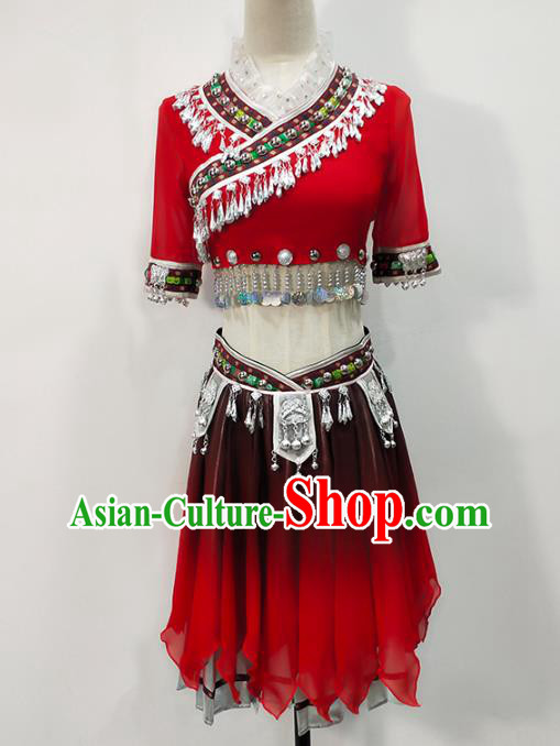 Chinese Xiangxi Hmong Ethnic Folk Dance Dress Traditional Miao Nationality Stage Performance Red Outfits Clothing