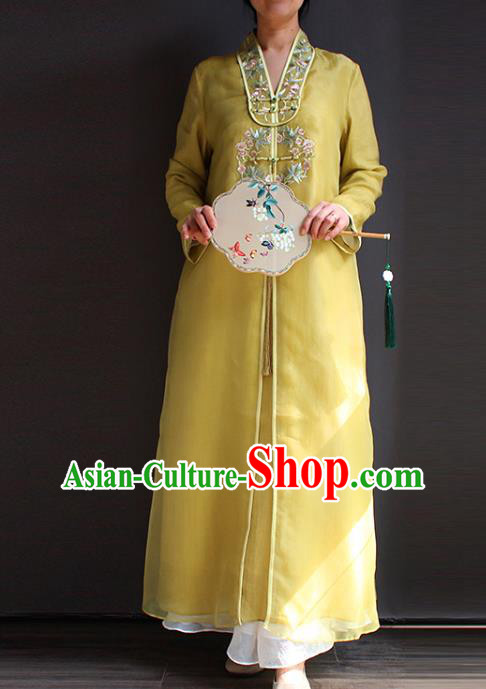 China National Embroidered Young Lady Cheongsam Classical Yellow Silk Qipao Dress Clothing