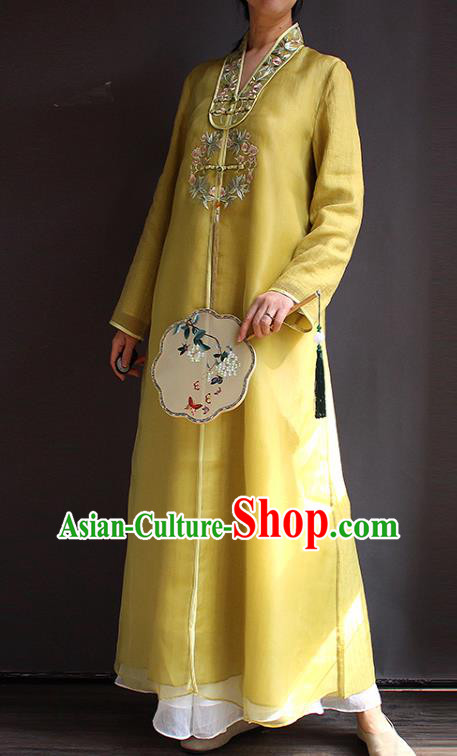 China National Young Lady Cheongsam Classical Purple Silk Qipao Dress ClothingChina National Embroidered Young Lady Cheongsam Classical Yellow Silk Qipao Dress Clothing