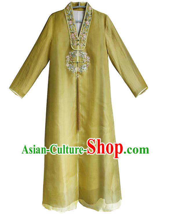 China National Embroidered Young Lady Cheongsam Classical Yellow Silk Qipao Dress Clothing