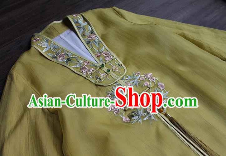 China National Embroidered Young Lady Cheongsam Classical Yellow Silk Qipao Dress Clothing