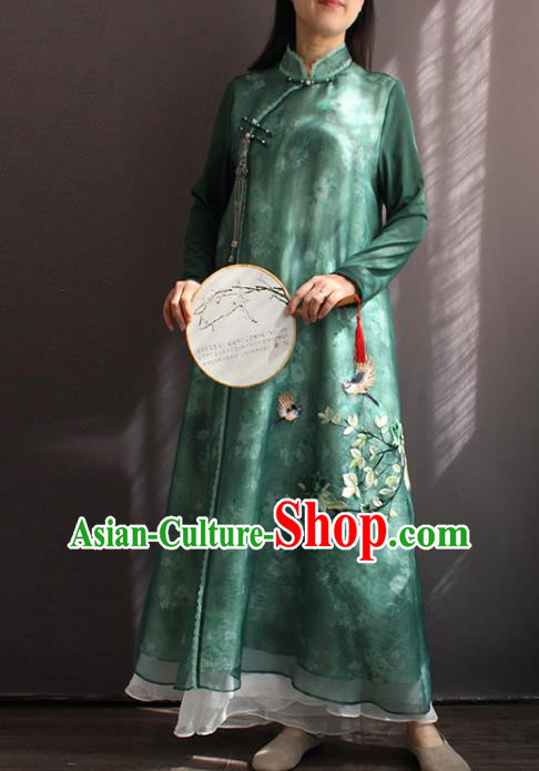 China National Women Zen Clothing Embroidered Green Chiffon Qipao Dress Classical Dance Cheongsam