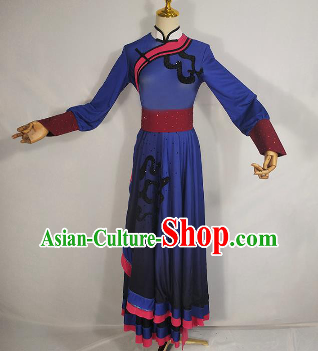 Chinese Mongol Ethnic Folk Dance Clothing Traditional Mongolian Nationality Deep Blue Dress Outfits