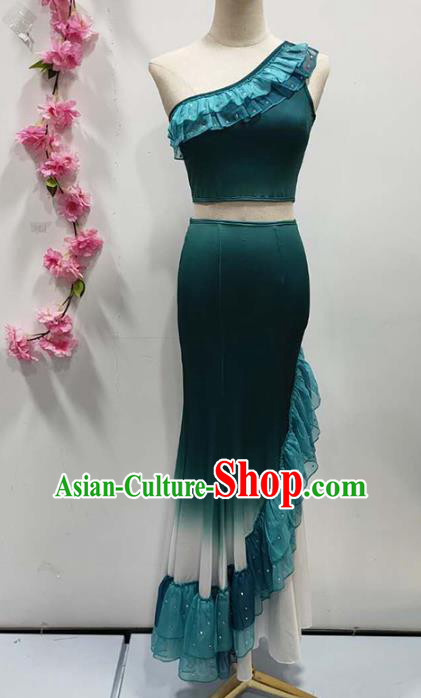Chinese Traditional Dai Nationality Performance Deep Green Dress Yunnan Ethnic Peacock Dance Clothing