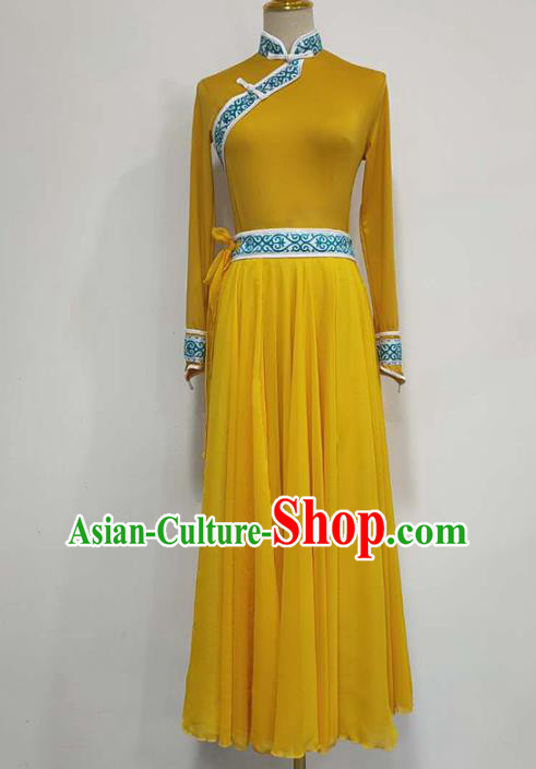 Chinese Mongolian Ethnic Folk Dance Clothing Traditional Mongol Nationality Stage Performance Yellow Long Dress