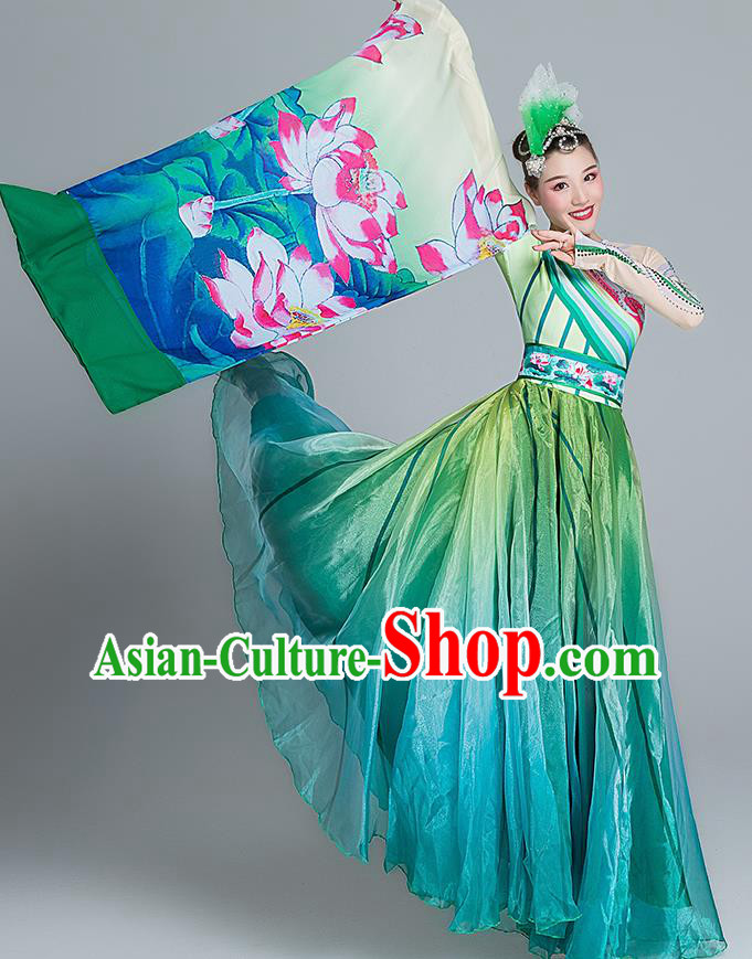 China Lotus Dance Green Dress Group Dance Stage Performance Costume Classical Dance Clothing